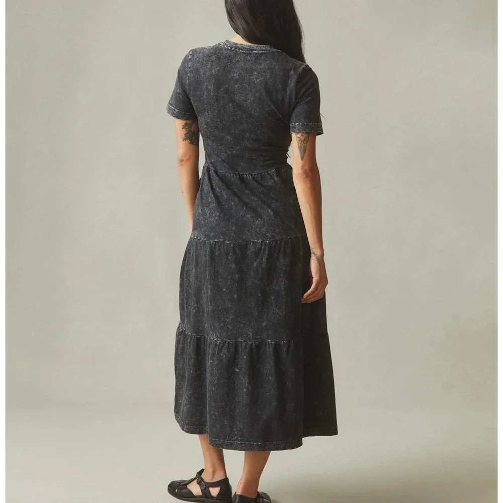 American Giant Womens Premium Slub Tiered Midi Dress Small Black Mineral Wash